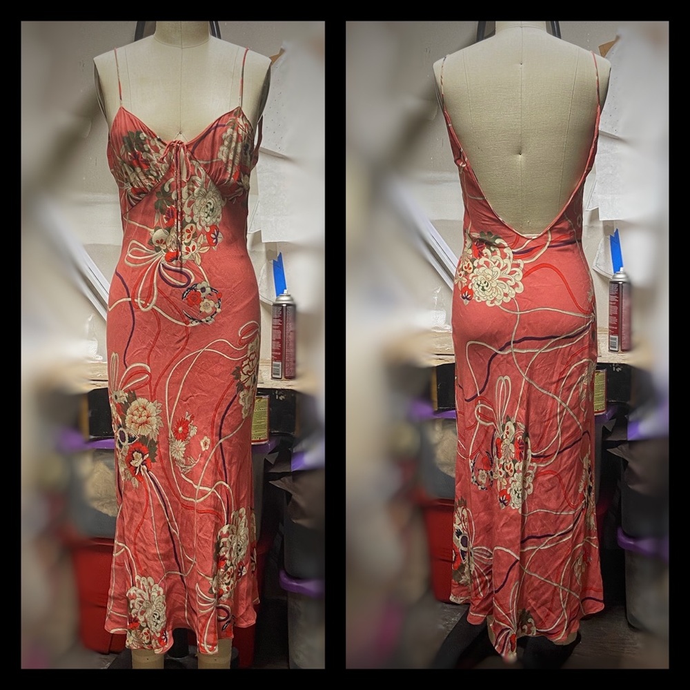 Zara 70’s style floral bias cut midi dress coral spaghetti straps tie front XS